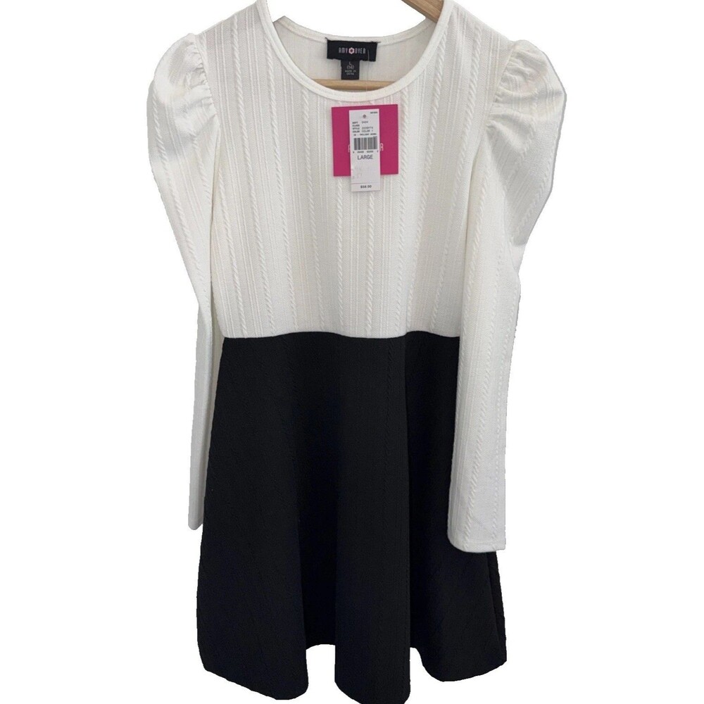 NWT Amy Byer Dress Cable Knit Stretch Puff SleevesGirls Sz Large 14 Black Cream